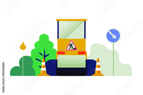 Asphalting Paver, Traffic Cones, Road Arrow Sign, on Nature Background. Modern Flat Vector Illustration. Social Media Template.