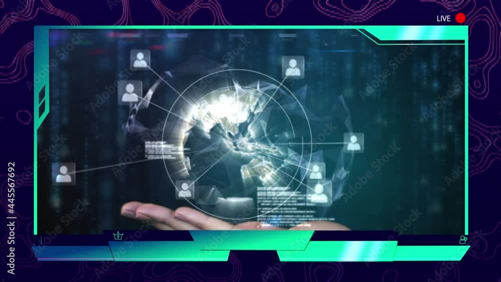 Animation of network of connections with icons and globe on screen Animation of network of connections with icons and globe on screen