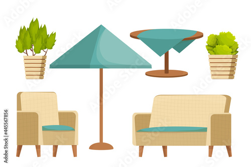 Backyard furniture set, comfortable armchair, sofa, parasol, table with tablecloth and plants in cartoon style isolated on white background. Luxury collection, patio leisure