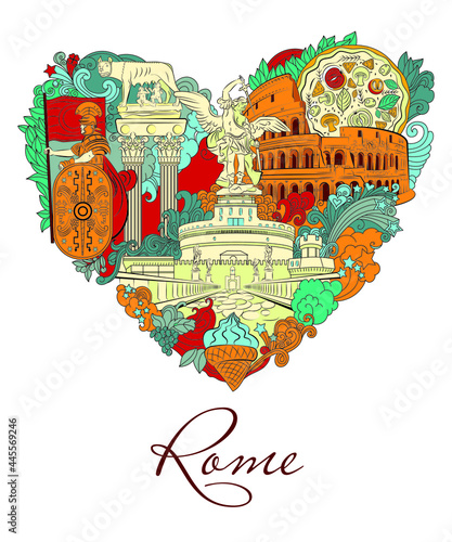 Rome, Italy, vector illustration, postcard. Travel to Rome - a modern element for graphic design with Italian sights - the Coliseum, the Capitoline she-wolf, the Castle of the Holy Angel.