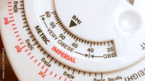 BMI indicator high, arrow showing very obese mark, unhealthy obesity problem, health issues, diet, keeping fit abstract concept Measurement tool, bmi calculator object scale detail, extreme closeup photo