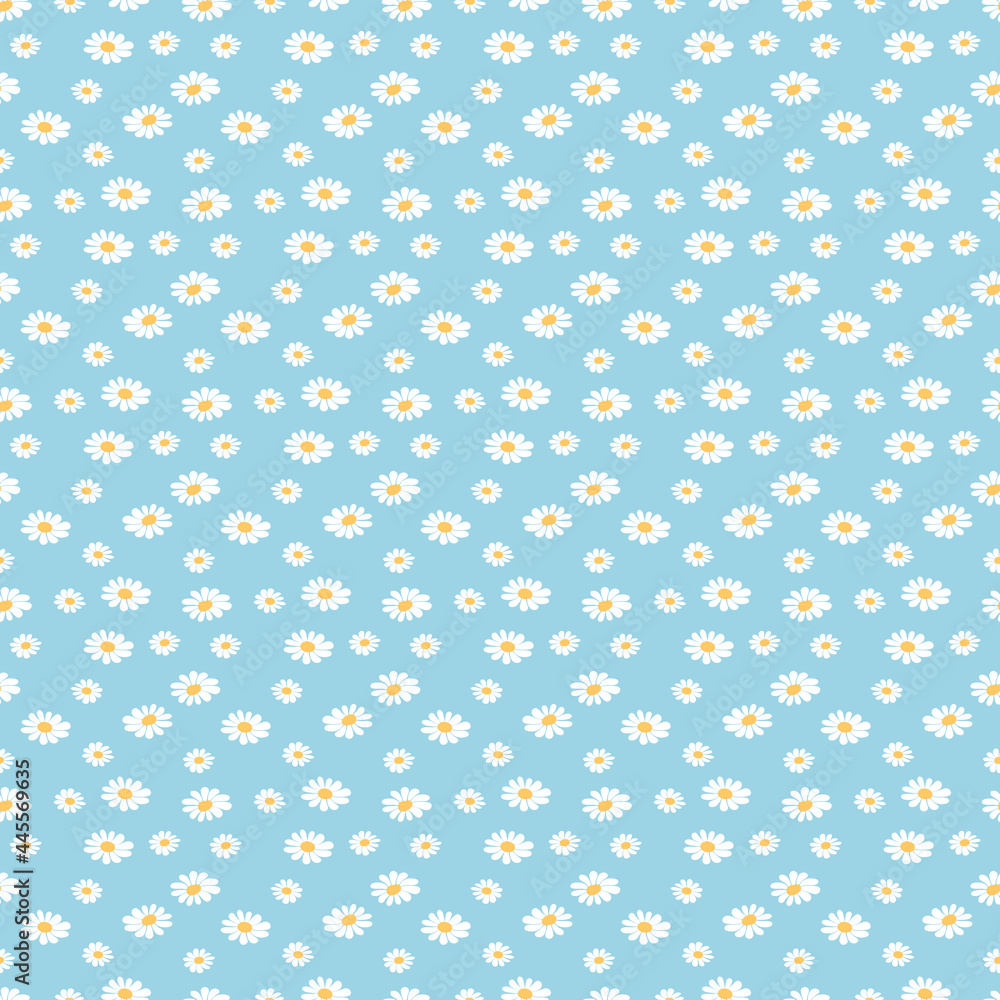 Seamless hand-drawn white daisy flower on blue background. Vector illustration vintage color.