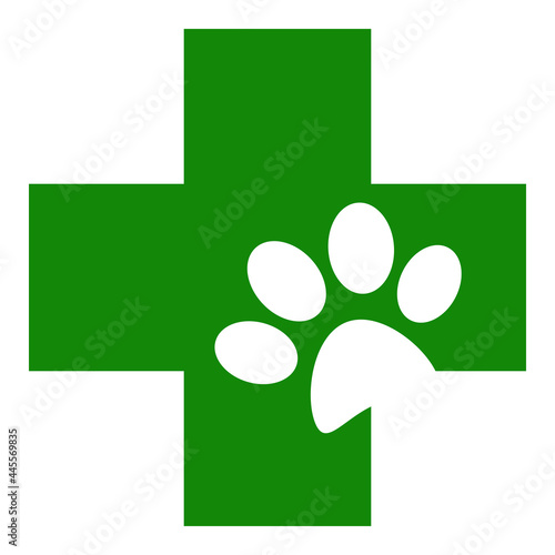 Veterinary green cross with animal paw sign symbol icon flat design element