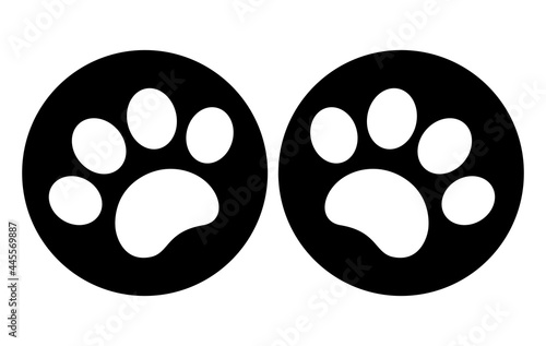 White paw prints animal on black circles sign symbol logo button icon vector flat design element.