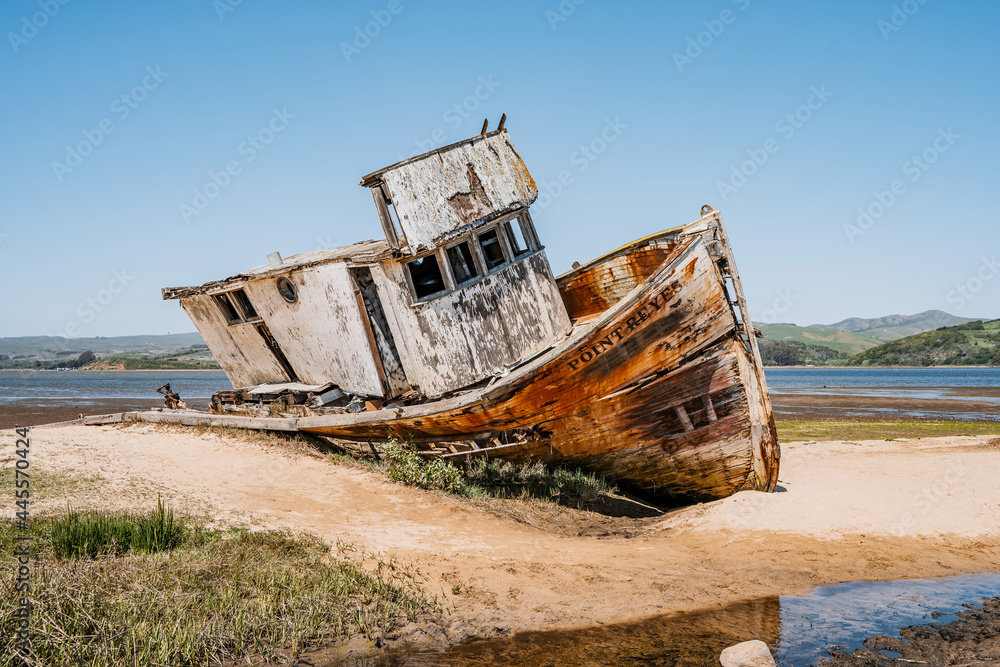 An Abandoned Boat  on the Beach. Point Reyes Shipwrecks. San Francisco, USA - 18 Apr 2021