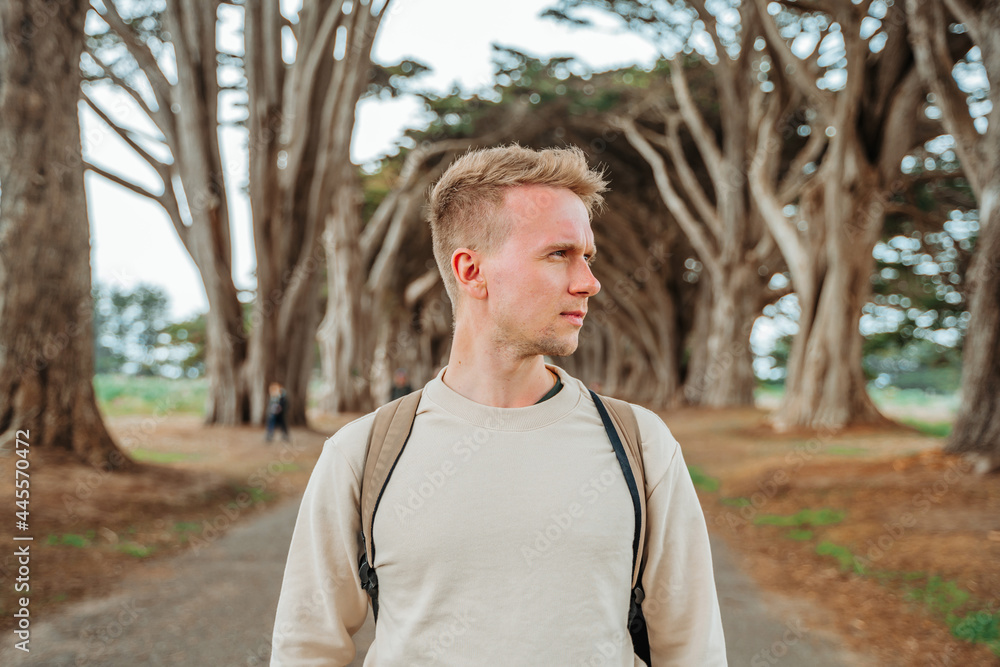 Dramatic landscape and a young man in the Cypress Tree Tunnel near San Francisco, USA Dramatic landscape and a young man in the Cypress Tree Tunnel near San Francisco, USA