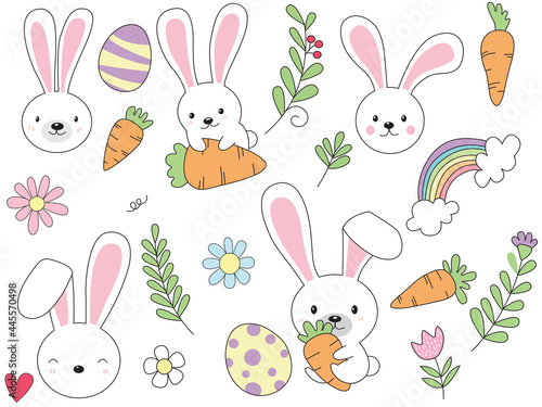 Draw character banner design rabbit with egg and carrot on white color.