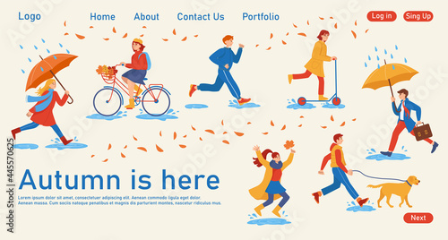 Concept of an autumn-themed landing page. Illustrations of people in a flat style who walk under umbrellas, walk dogs, ride bicycles and scooters. Template for web design.