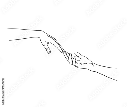 two hands reaching out one line vector illustration