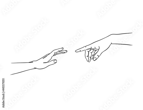 two hands reaching out one line vector illustration
