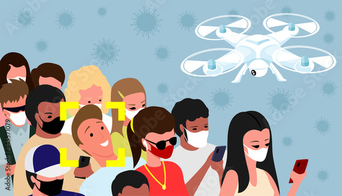 Illustration with a group of masked people and a drone above them on a blue background.