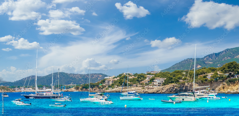 Obraz premium Landscape with sea coast and little harbor in Cala Xinxell, Illetas, Mallorca island, Spain