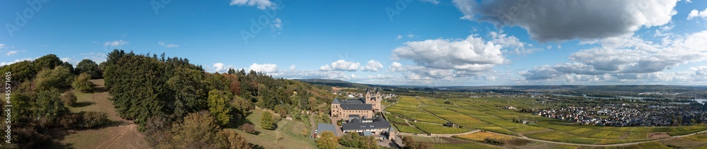 Panorama from a bird's eye view of the St. Hildegard Abbey and the vineyards of Rüdesheim / Germany with the Rhine in the background 