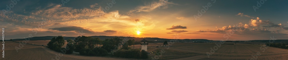 Panorama from the bird's eye view from the Limes Tower near Idstein / Germany in the Taunus during a magnificent sunset 
