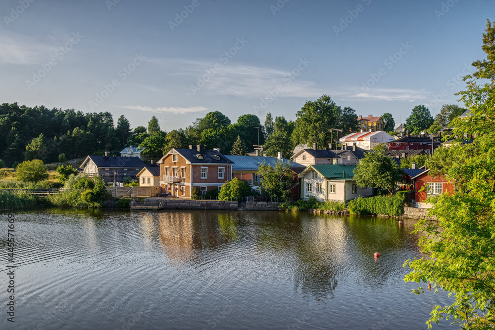 Aerial view over the canal in Porvoo Finland. Romantic Finnish tourism town