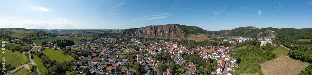 Panorama from the bird's eye view of Ebernburg / Germany at Bad Munster with the Rotenfels in the background