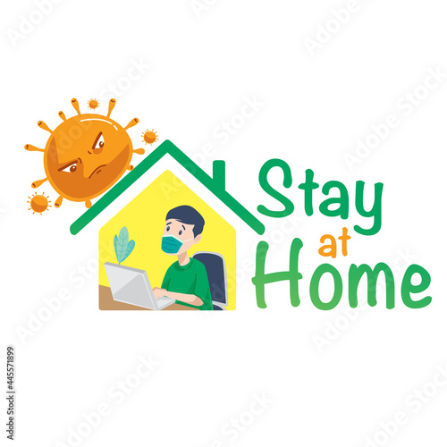 stay at home awareness social media campaign and coronavirus prevention. people wearing green t-shirt and mask with personal computer laptop. green yellow home. flat design vector.