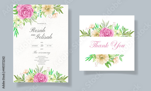 Wedding invitation card with flowers and leaves 