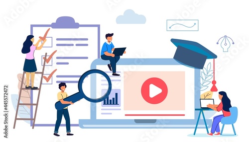 Studying Training E-learning Courses University Graduating People studying at home Online education concept Flat vector illustration Tiny people in training Online language school lifestyle