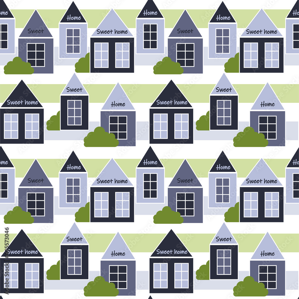 Houses with bushes on a striped background seamless pattern, vector illustration. Different minimalistic houses in blueberry and gray colors. Sweet home lettering. Template for wallpaper, packaging