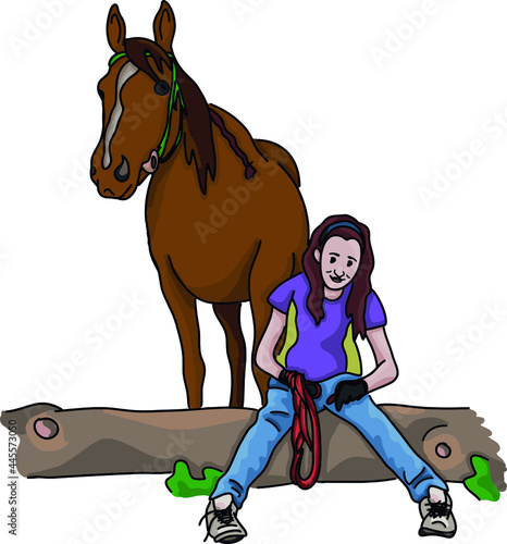 Vector colored illustration: happy girl and her horse are having good times together