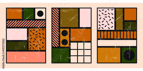 Set of four vertical geometric posters. Pattern for decorating interiors. Modern minimalistic decor in pleasant colors. Vintage faded background with various shapes, dots, lines.