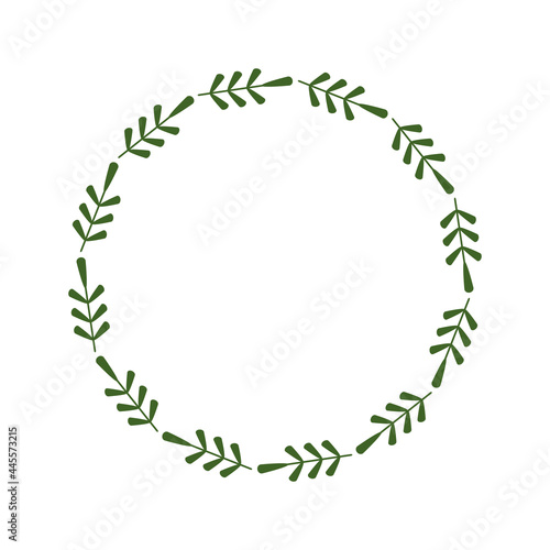 Round frame of green twigs with leaves. Circle with simple branches of plants. Floral border. Farmhouse wreath. Vector illustration isolated on white background. Design template for logo, invitation
