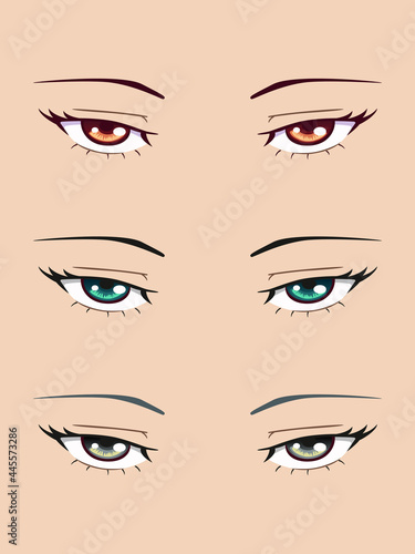 Calm anime eyes. hazel, green, grey color. vector illustration