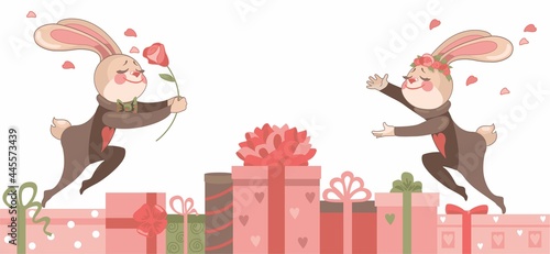 Happy Valentine day, cute two bunni, romance couple,  gifts, flowers, vector photo