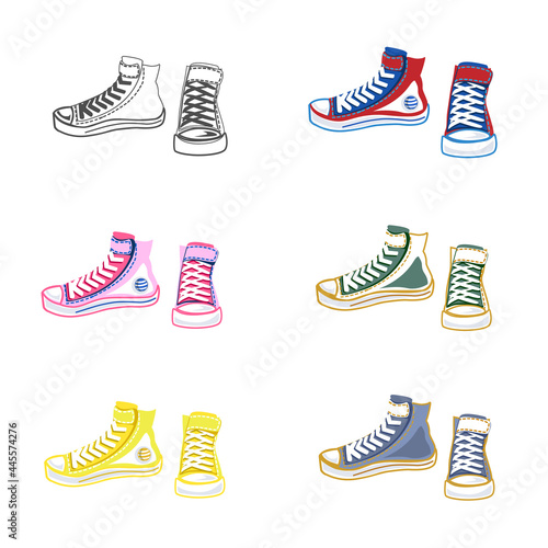 Vector set of sneakers of different colors and different angles. Illustration of sports shoes.