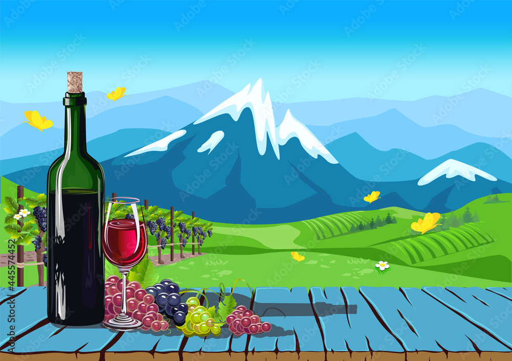 A bottle of wine and grapes on an old table against the backdrop of a vineyard, a valley and mountains. Harvesting. Winemaking. Wine and grapes still life. Vector illustration.