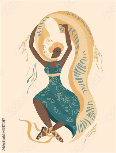 Eastern dance. A dark-skinned woman in a headscarf. The beautiful girl is dancing. Arab culture. Turban on the head. African dancer. African American woman with headdress. Nice print for clothes.
