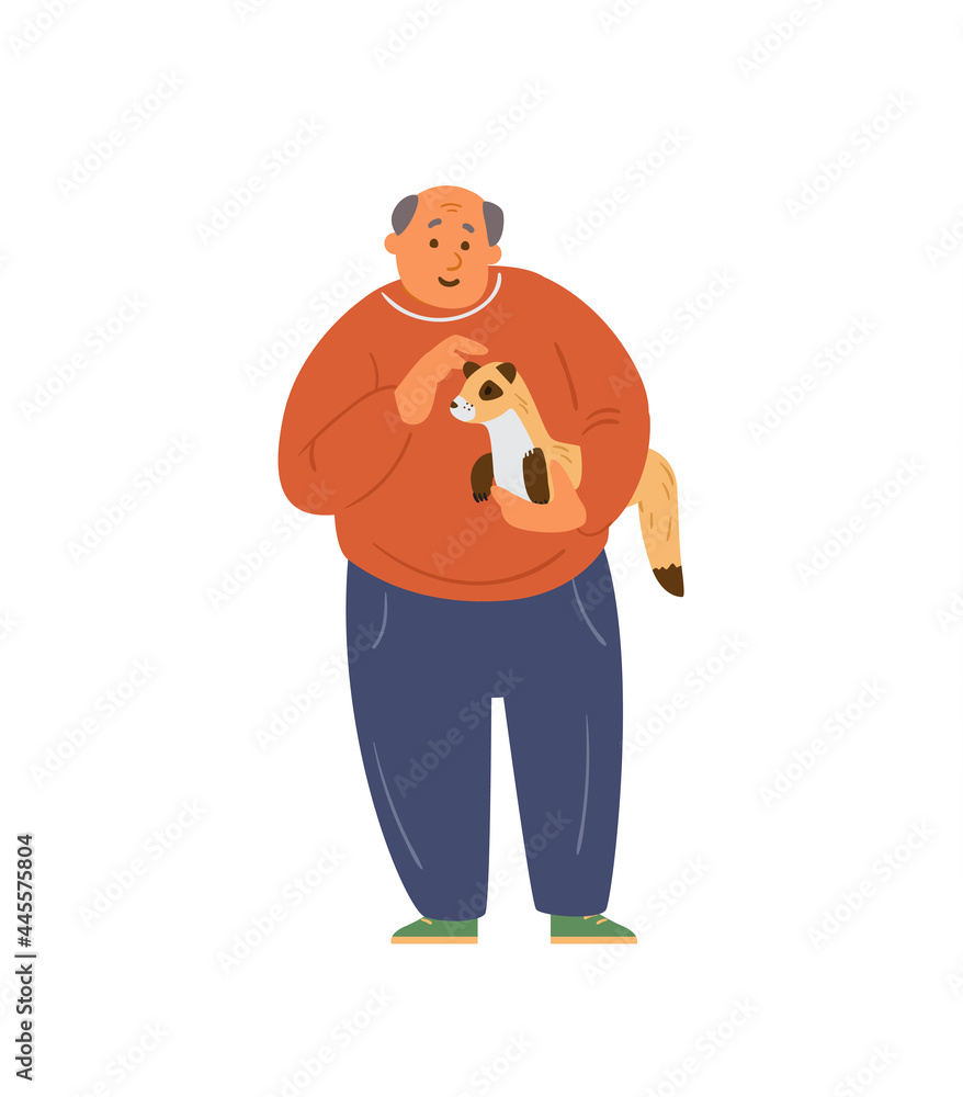 Man Holding And Patting Ferret Vector illustration. Happy Pet Owner. Isolated on white.