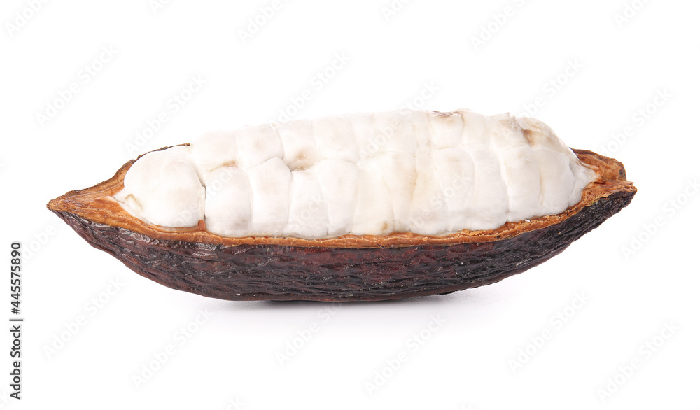 Half of fresh cocoa fruit on white background Half of fresh cocoa fruit on white background