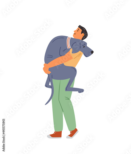Man Holding Mastiff Dog. Happy Pet Owner Flat Vector Illustration. Isolated On White.