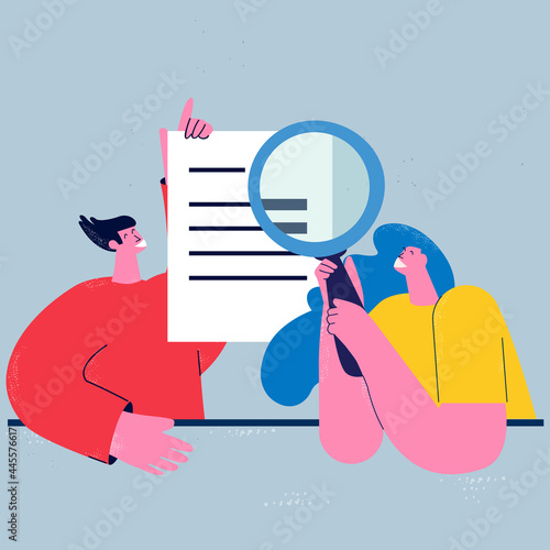 Business report audit, data evaluation, document inspection, business team office work flat vector illustration