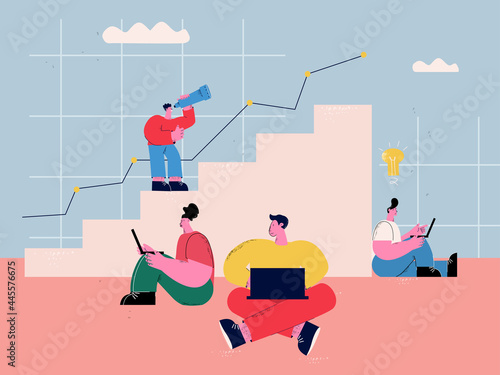 Climbing business ladder, career growth, business agency, teamwork, company employees working together, business strategy, leadership flat vector illustration