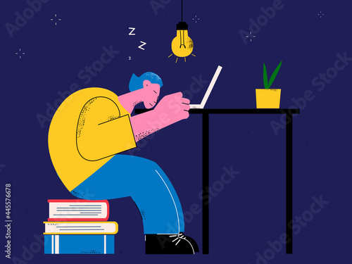 Work burnout, woman asleep, exhausted student, tired freelancer, business job overwhelmed employee, deadline concept flat vector illustration