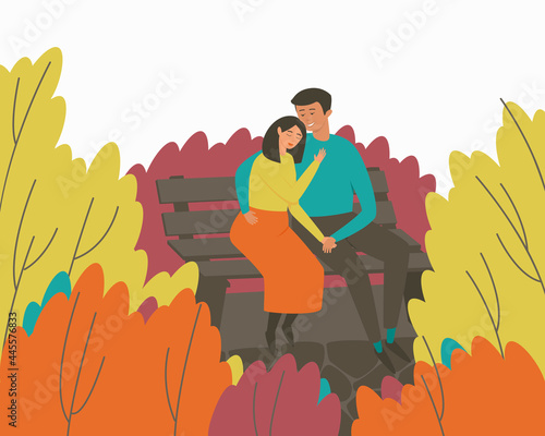 A loving couple sits on a bench in an autumn park in an embrace. Multicolored autumn season. The concept of a woman's trust in her man. Flat vector illustration.