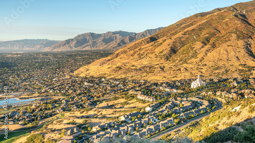Pano Top view of Draper City in Utah with a clear blue sky background photo