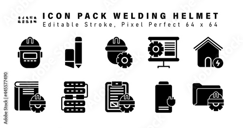 Icon Set of Welding Helmet Glyph Icons. Contains such Icons as Power House, Book Setting, Network, Clipboard Document Setting etc. Editable Stroke. 64 x 64 Pixel Perfect