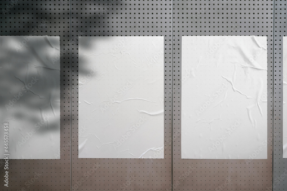 White paper poster mockup. Set of wet wrinkled and creased paper sheets ...