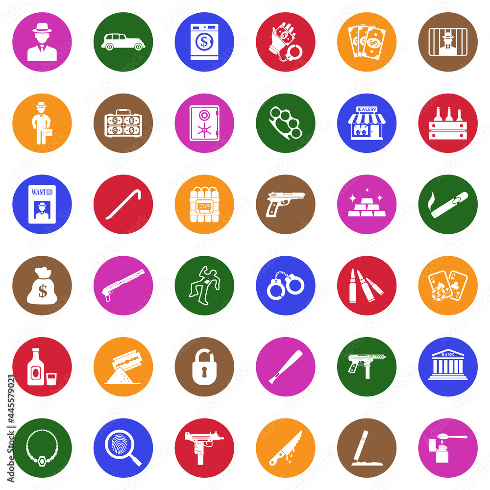 Mafia Icons. White Flat Design In Circle. Vector Illustration. Mafia Icons. White Flat Design In Circle. Vector Illustration.