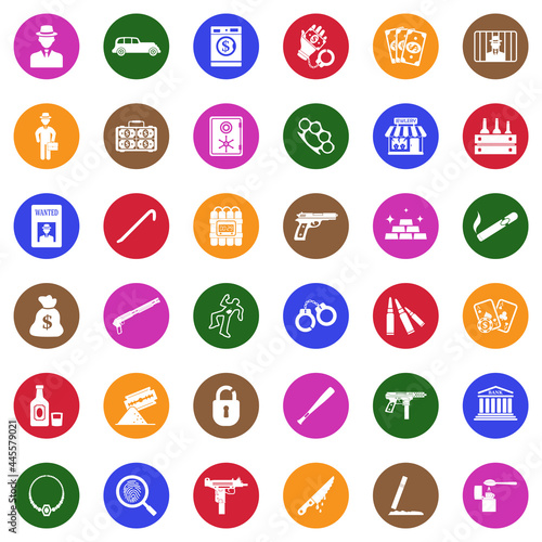 Mafia Icons. White Flat Design In Circle. Vector Illustration.