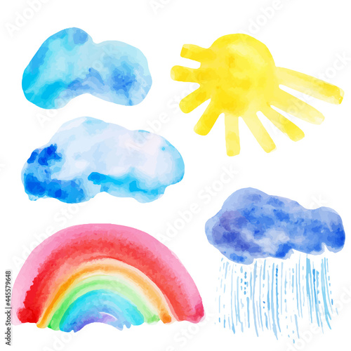 Watercolor hand drawn abstract nature set with rainbows, sun, clouds, rain