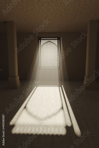 3d rendering of ancient room with jali window shatters and light beams. photo