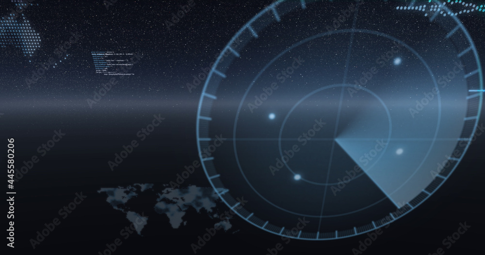 Image of data processing, world maps and statistics recording over universe