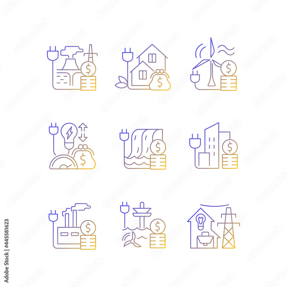 Energy prices linear icons set. Wind power production cost. Expense for sustainable generation. Energy purchase. Thin line contour symbols bundle. Isolated vector outline illustrations collection