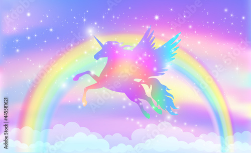 Fotografie Rainbow background with winged unicorn silhouette with stars.