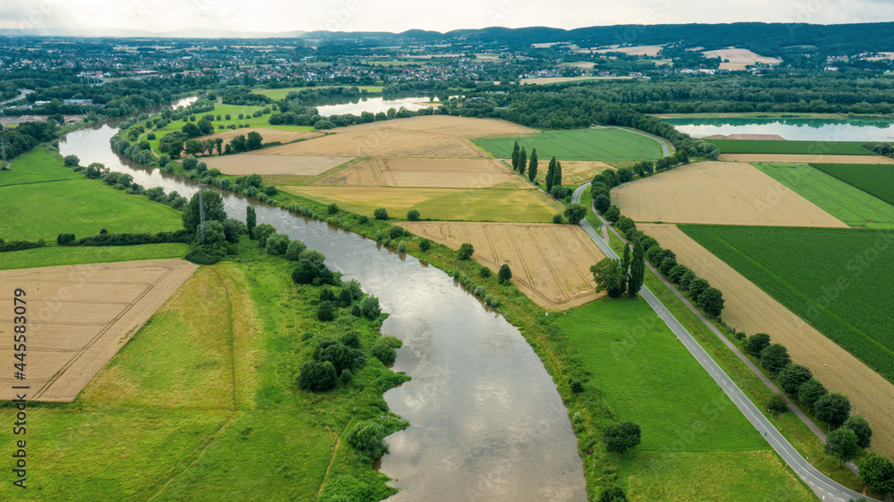 Beautiful drone summer view of landscape river Weser, Germany